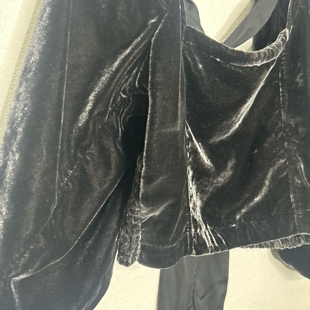 Free People Marie Black Velvet Puff Sleeve Tie-Back Blouse - Picture 8 of 13